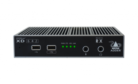ADDERLink XD642 Dual Head 4K@60 DisplayPort KVM extender with USB2.0 and audio over a CATx or fiber cable.
